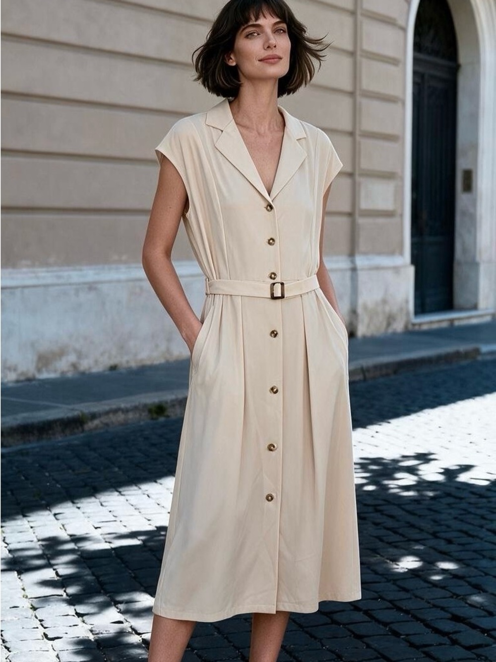 Elegant Champagne 100% Acetate Button-Front Midi Dress - Picture 1 of 7